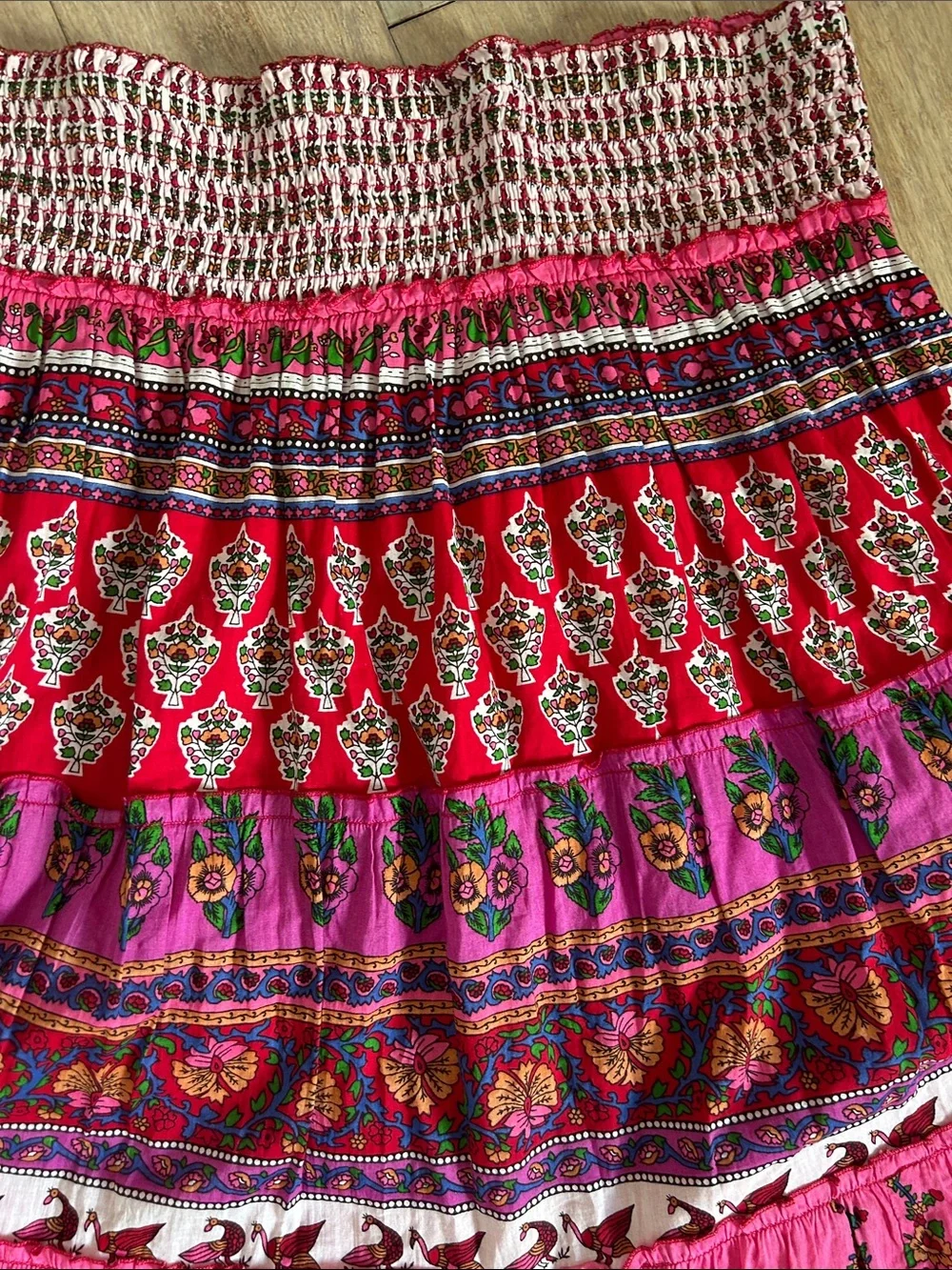 Bohemian Cotton Pink Floral Tiered Maxi Skirt size L ruched waist lined